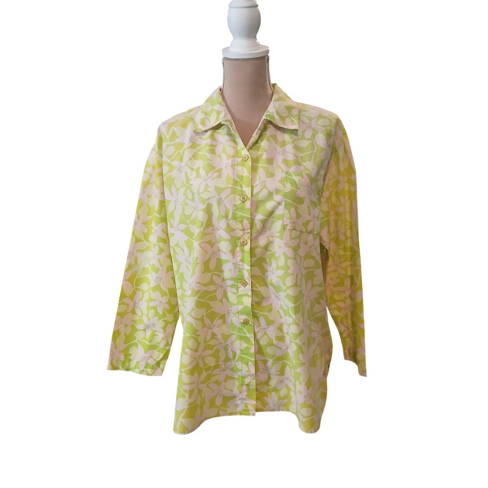 Vtg Lilly Pulitzer White Label Bright Green Floral Button Down Shirt Overized M